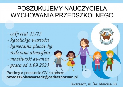 Poszukujemy nauczycieli wychowania przedszkolnego do naszego Przedszkola w Poznaniu